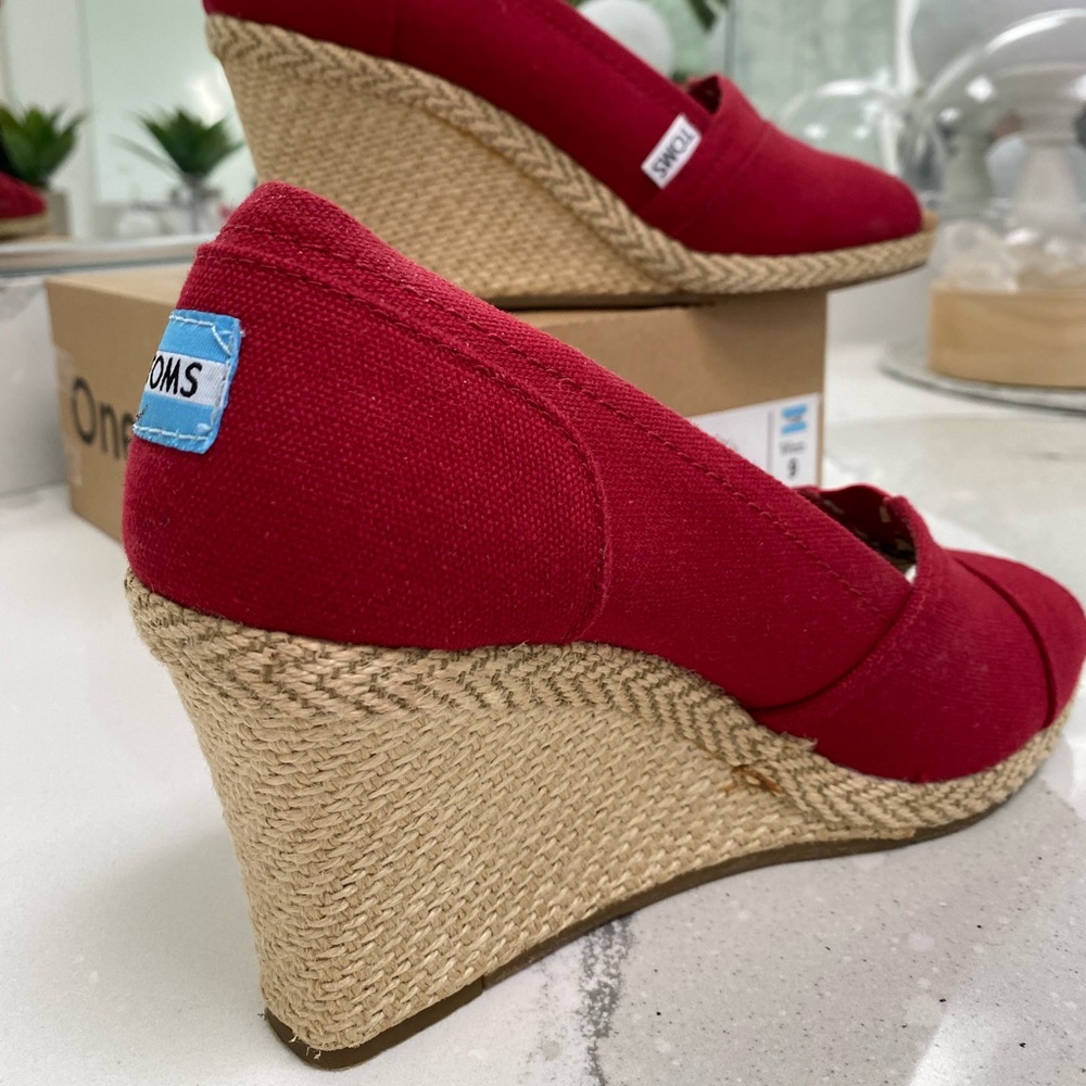 Toms Wedges. Red. Size 9. Gently worn- almost new. Still have original box.